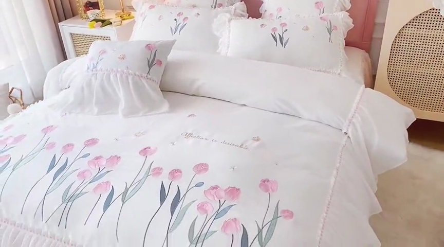 91家纺网 家纺一手货源 找家纺 （总）亲亲公主2025新款全棉韩版绣花韩版公主风蕾丝四件套-郁金香