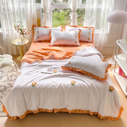 91家纺网 家纺一手货源 找家纺 麦朵家居 2023新款花边款毛巾绣夏被四件套 向阳花-橘色