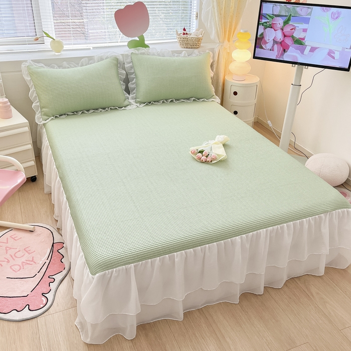 91家纺网 家纺一手货源 找家纺 同田 2023新款凉豆豆床裙款凉席冰丝凉感豆豆席 果绿