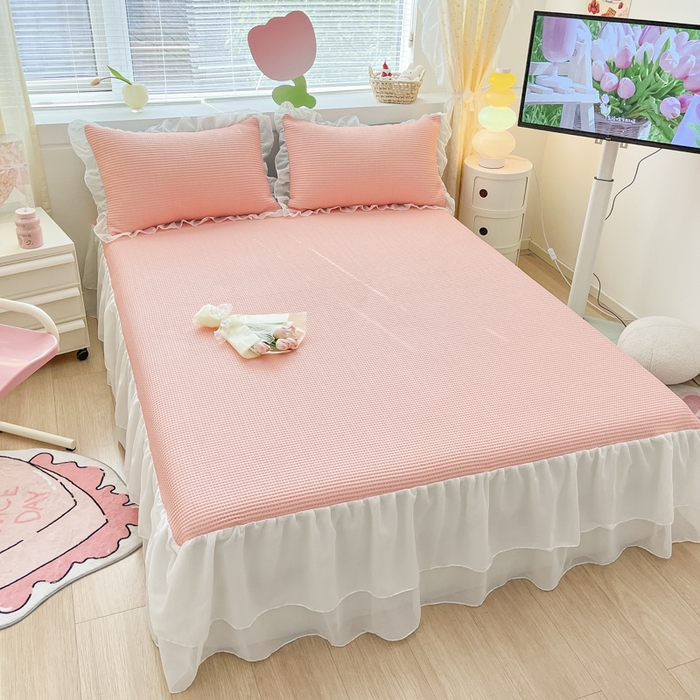 91家纺网 家纺一手货源 找家纺 同田 2023新款凉豆豆床裙款凉席冰丝凉感豆豆席 萝莉粉