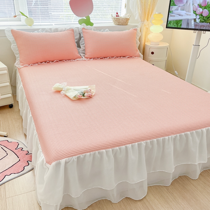 91家纺网 家纺一手货源 找家纺 同田 2023新款凉豆豆床裙款凉席冰丝凉感豆豆席 萝莉粉