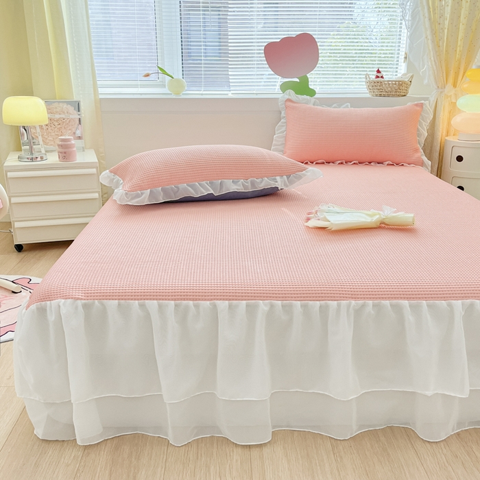 91家纺网 家纺一手货源 找家纺 同田 2023新款凉豆豆床裙款凉席冰丝凉感豆豆席 萝莉粉