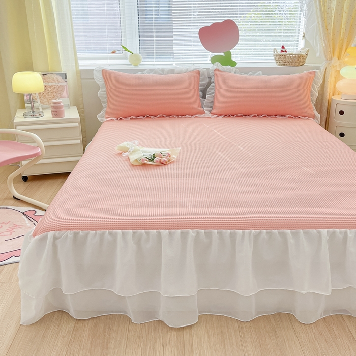 91家纺网 家纺一手货源 找家纺 同田 2023新款凉豆豆床裙款凉席冰丝凉感豆豆席 萝莉粉