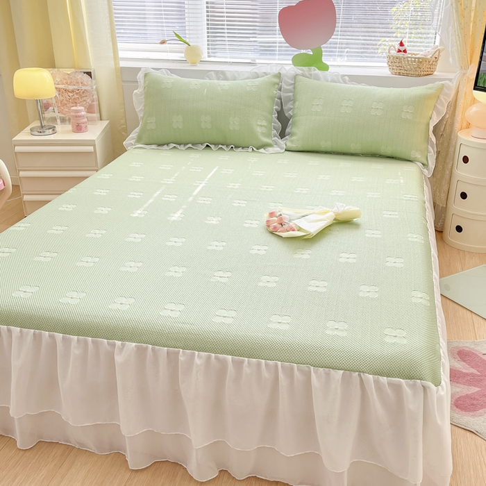 91家纺网 家纺一手货源 找家纺 同田 2023新款凉豆豆床裙款凉席冰丝凉感豆豆席 奶绿