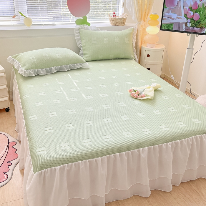 91家纺网 家纺一手货源 找家纺 同田 2023新款凉豆豆床裙款凉席冰丝凉感豆豆席 奶绿