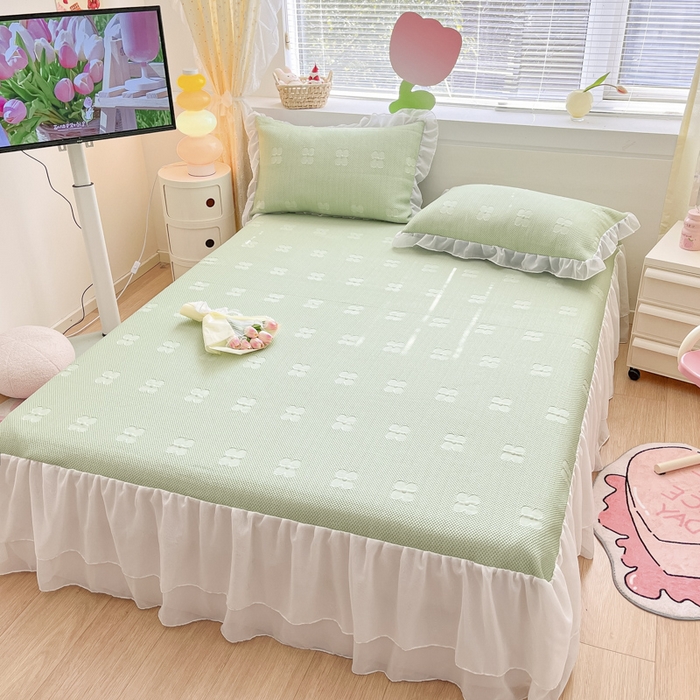 91家纺网 家纺一手货源 找家纺 同田 2023新款凉豆豆床裙款凉席冰丝凉感豆豆席 奶绿