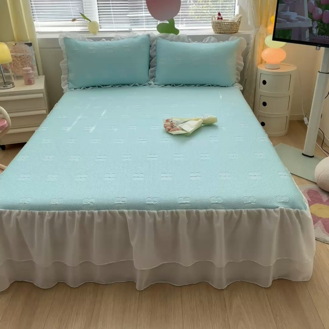 91家纺网 家纺一手货源 找家纺 同田 2023新款凉豆豆床裙款凉席冰丝凉感豆豆席 碧蓝