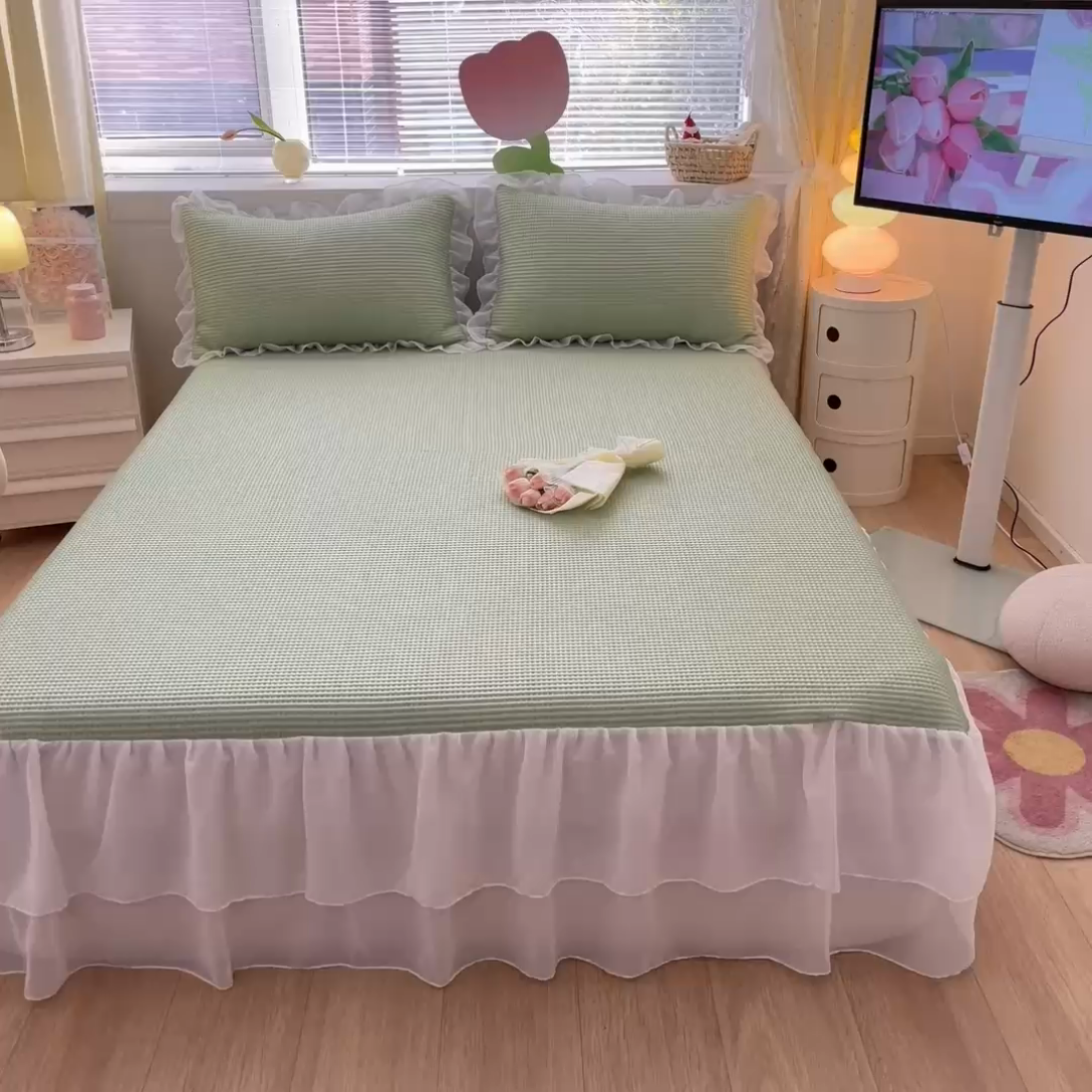 91家纺网 家纺一手货源 找家纺 同田 2023新款凉豆豆床裙款凉席冰丝凉感豆豆席 草绿