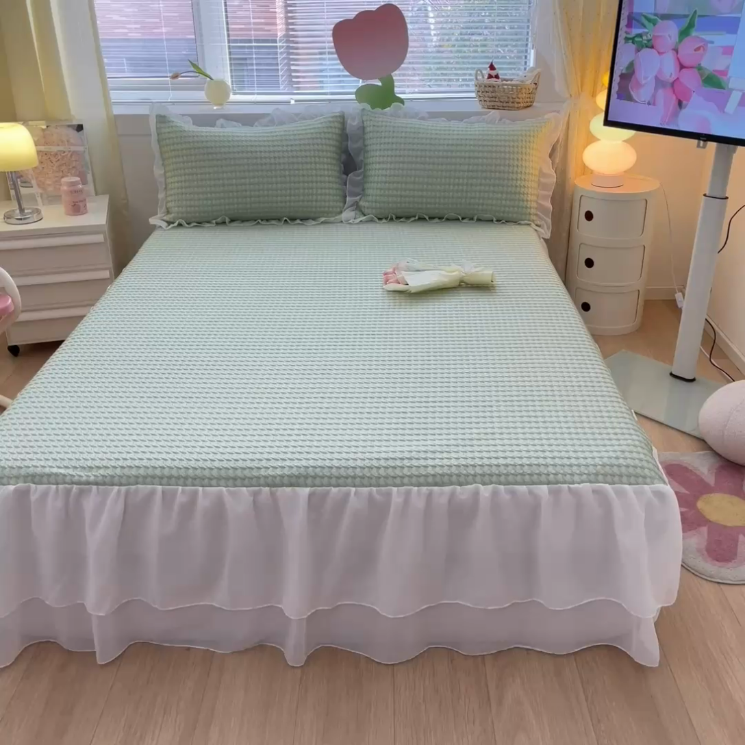 91家纺网 家纺一手货源 找家纺 同田 2023新款凉豆豆床裙款凉席冰丝凉感豆豆席 果绿