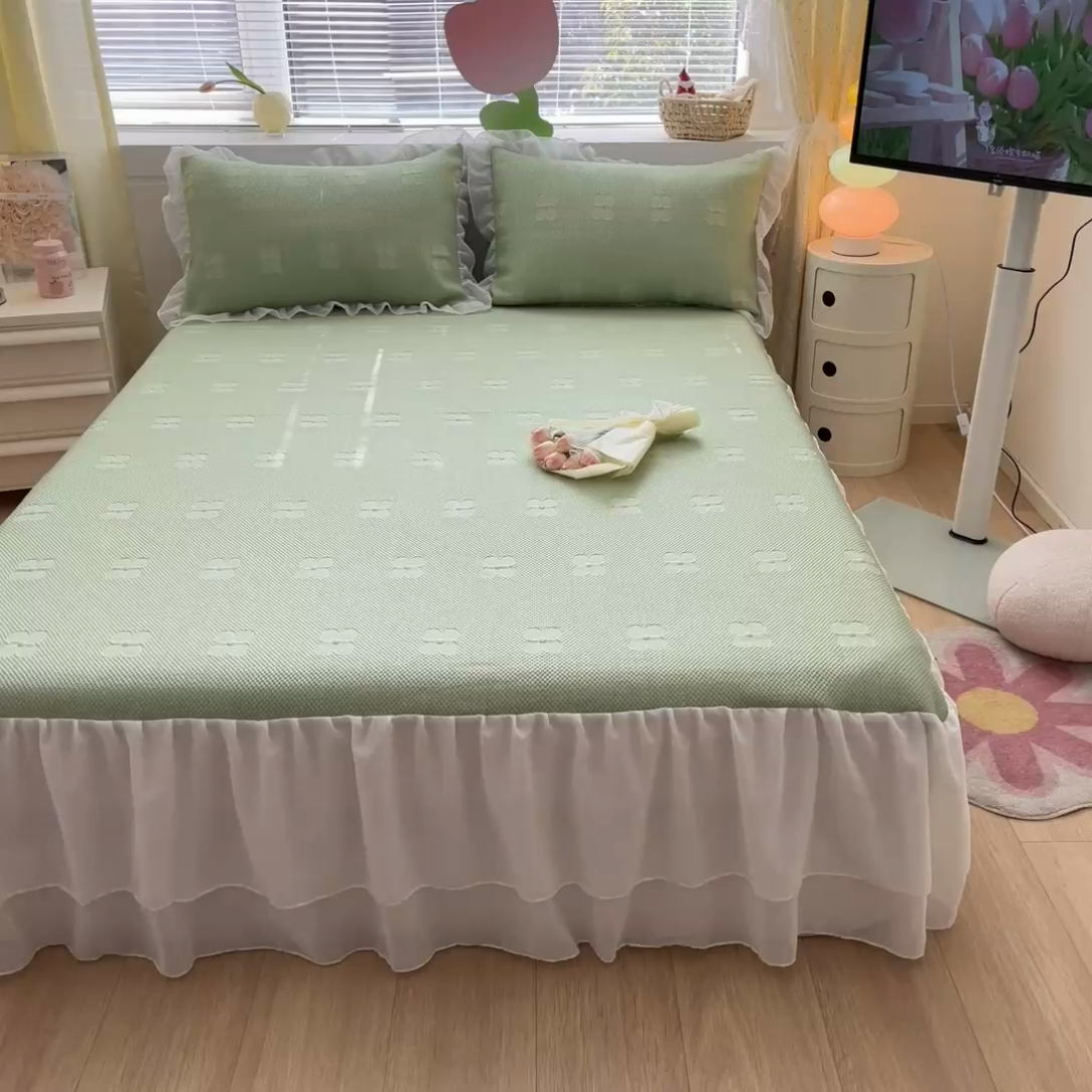 91家纺网 家纺一手货源 找家纺 同田 2023新款凉豆豆床裙款凉席冰丝凉感豆豆席 奶绿