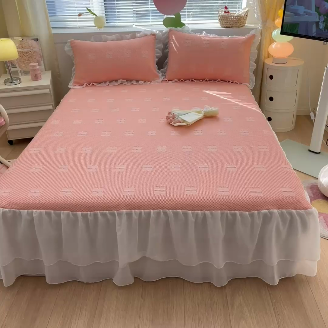 91家纺网 家纺一手货源 找家纺 同田 2023新款凉豆豆床裙款凉席冰丝凉感豆豆席 少女粉