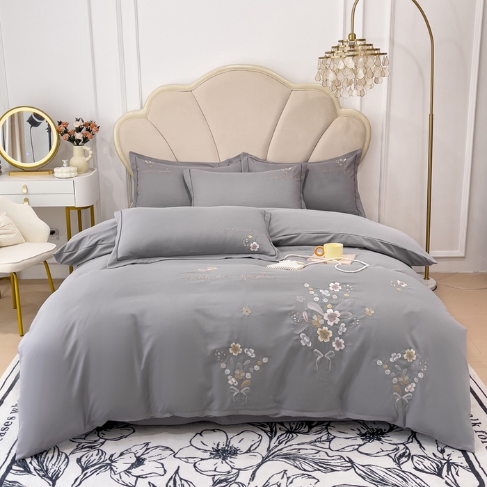 91家纺网 家纺一手货源 找家纺 金米诺 2024新款水洗磨毛刺绣四件套 幸运花-灰