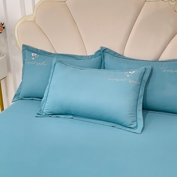 91家纺网 家纺一手货源 找家纺 金米诺 2024新款水洗磨毛刺绣四件套 幸运花-湖蓝