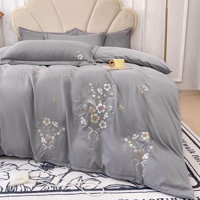 91家纺网 家纺一手货源 找家纺 金米诺 2024新款水洗磨毛刺绣四件套 幸运花-灰