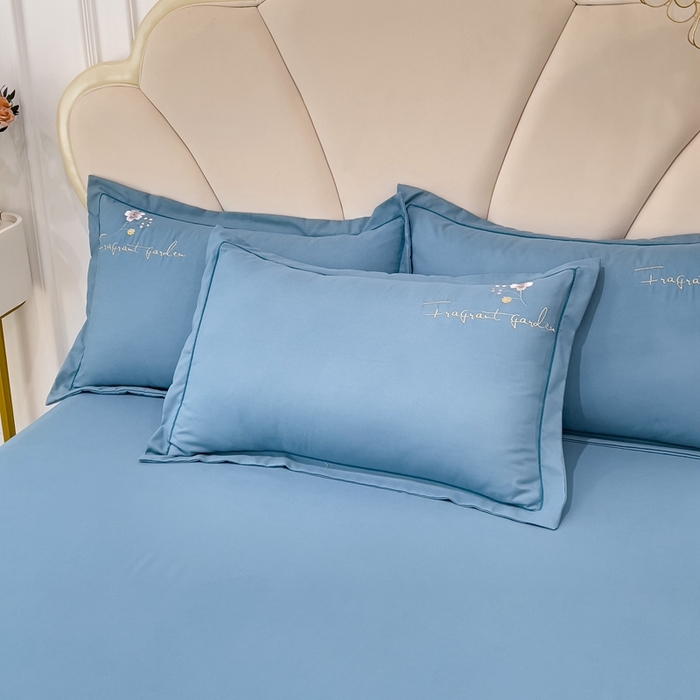 91家纺网 家纺一手货源 找家纺 金米诺 2024新款水洗磨毛刺绣四件套 幸运花-宾利蓝