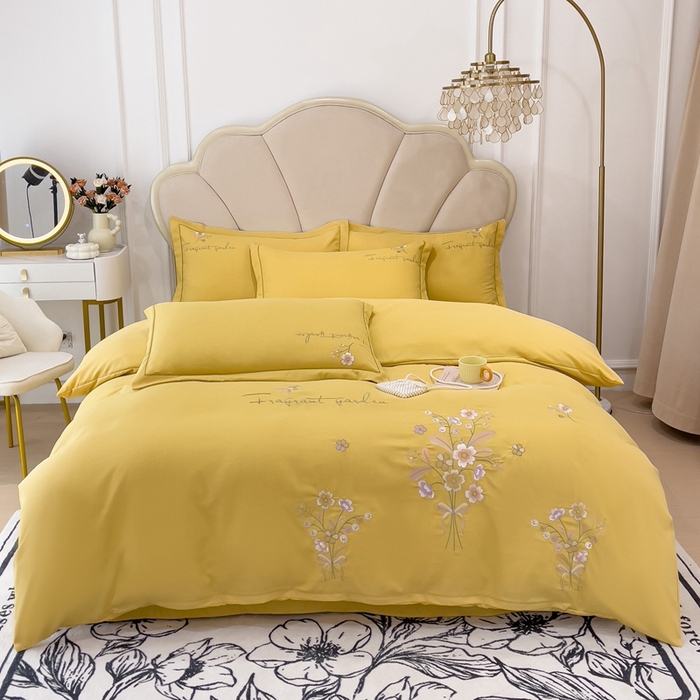 91家纺网 家纺一手货源 找家纺 金米诺 2024新款水洗磨毛刺绣四件套 幸运花-姜黄