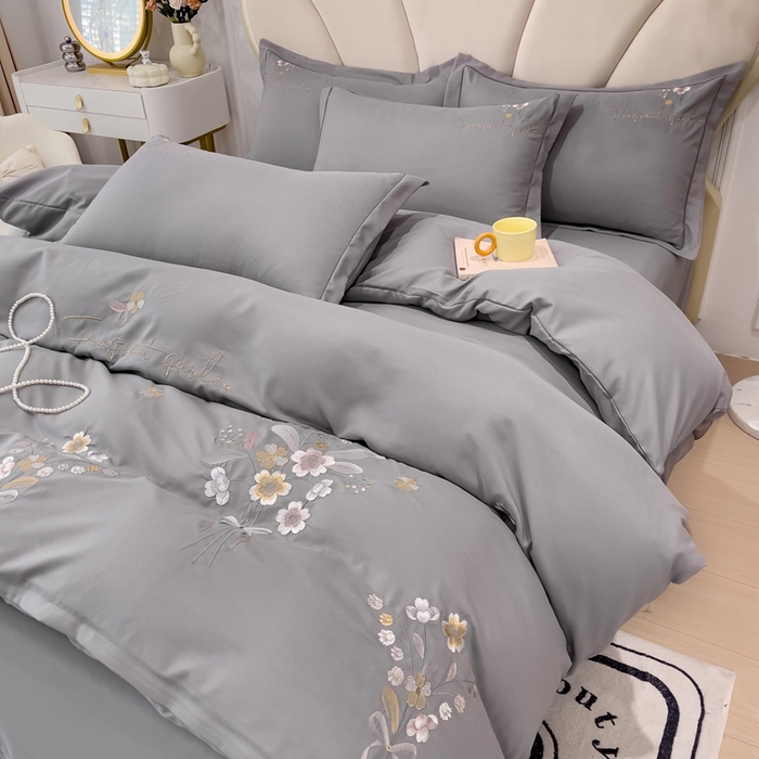 91家纺网 家纺一手货源 找家纺 金米诺 2024新款水洗磨毛刺绣四件套 幸运花-灰