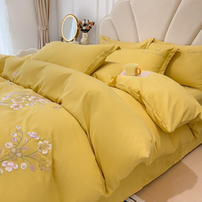 91家纺网 家纺一手货源 找家纺 金米诺 2024新款水洗磨毛刺绣四件套 幸运花-姜黄