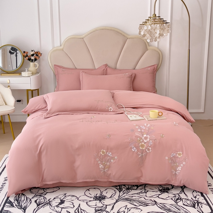 91家纺网 家纺一手货源 找家纺 金米诺 2024新款水洗磨毛刺绣四件套 幸运花-浅豆沙