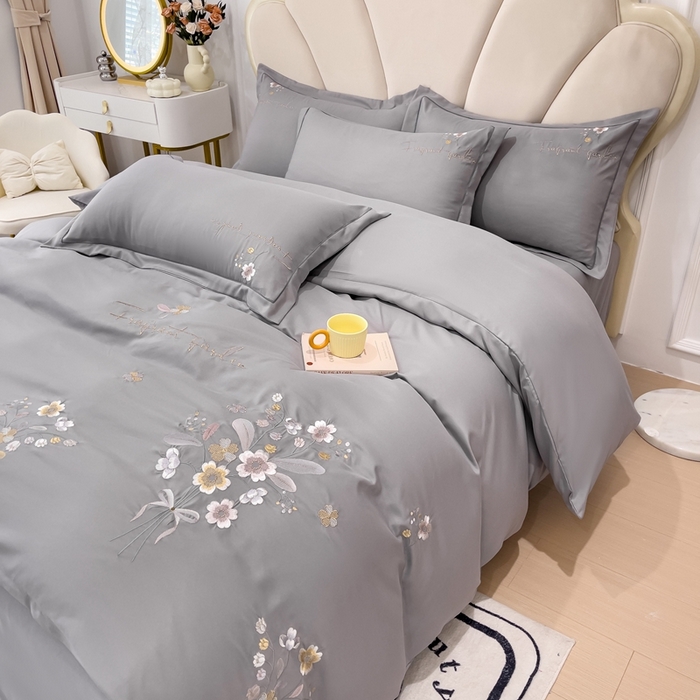 91家纺网 家纺一手货源 找家纺 金米诺 2024新款水洗磨毛刺绣四件套 幸运花-灰