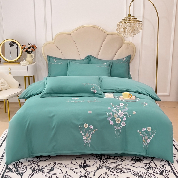 91家纺网 家纺一手货源 找家纺 金米诺 2024新款水洗磨毛刺绣四件套 幸运花-清新绿