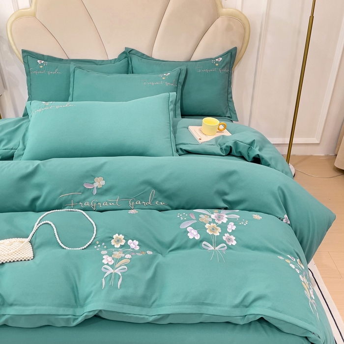 91家纺网 家纺一手货源 找家纺 金米诺 2024新款水洗磨毛刺绣四件套 幸运花-清新绿