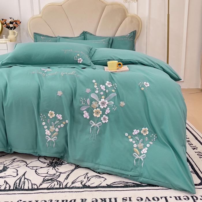 91家纺网 家纺一手货源 找家纺 金米诺 2024新款水洗磨毛刺绣四件套 幸运花-清新绿