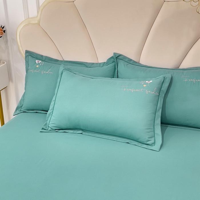 91家纺网 家纺一手货源 找家纺 金米诺 2024新款水洗磨毛刺绣四件套 幸运花-清新绿