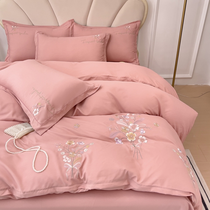 91家纺网 家纺一手货源 找家纺 金米诺 2024新款水洗磨毛刺绣四件套 幸运花-浅豆沙