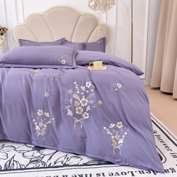 91家纺网 家纺一手货源 找家纺 金米诺 2024新款水洗磨毛刺绣四件套 幸运花-香芋紫