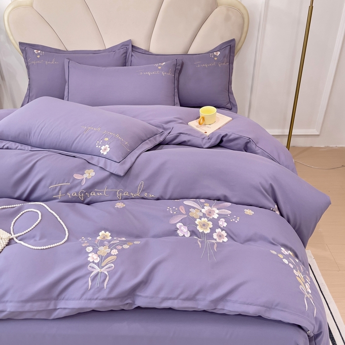 91家纺网 家纺一手货源 找家纺 金米诺 2024新款水洗磨毛刺绣四件套 幸运花-香芋紫