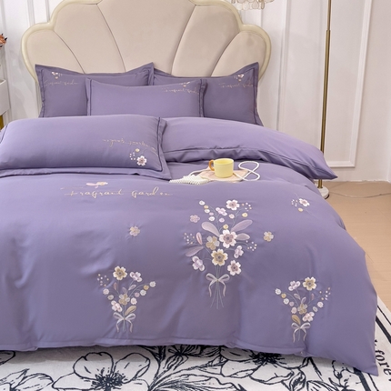 91家纺网 家纺一手货源 找家纺 金米诺 2024新款水洗磨毛刺绣四件套 幸运花-香芋紫