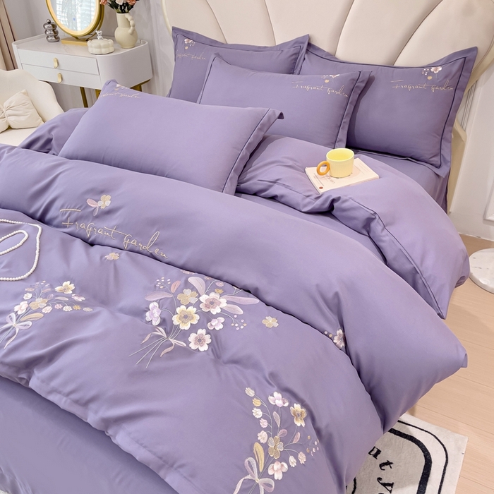 91家纺网 家纺一手货源 找家纺 金米诺 2024新款水洗磨毛刺绣四件套 幸运花-香芋紫