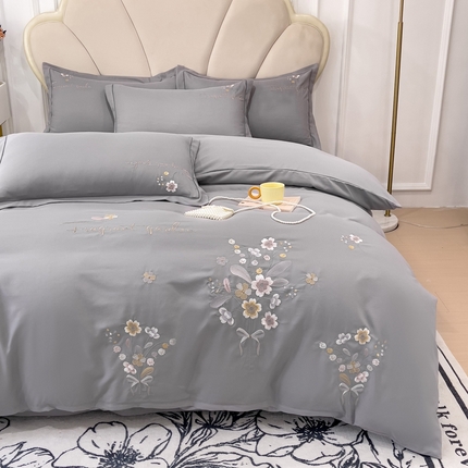 91家纺网 家纺一手货源 找家纺 金米诺 2024新款水洗磨毛刺绣四件套 幸运花-灰