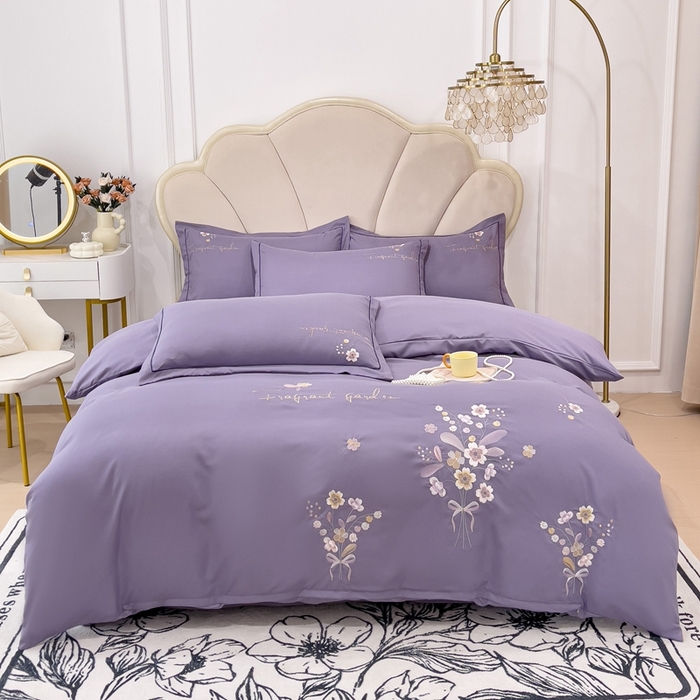 91家纺网 家纺一手货源 找家纺 金米诺 2024新款水洗磨毛刺绣四件套 幸运花-香芋紫