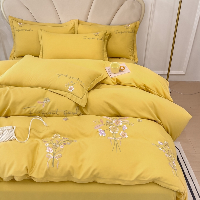 91家纺网 家纺一手货源 找家纺 金米诺 2024新款水洗磨毛刺绣四件套 幸运花-姜黄