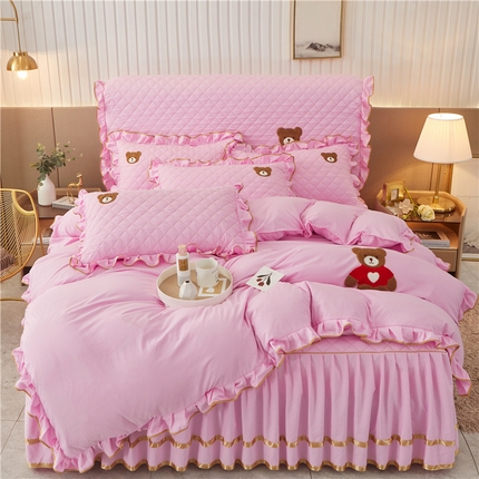 屹成家纺 2024年水洗棉毛巾绣款床裙四件套 粉红