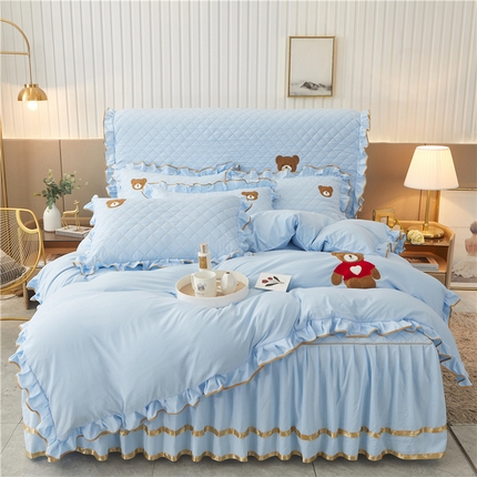 屹成家纺 2024年水洗棉毛巾绣款床裙四件套 天蓝
