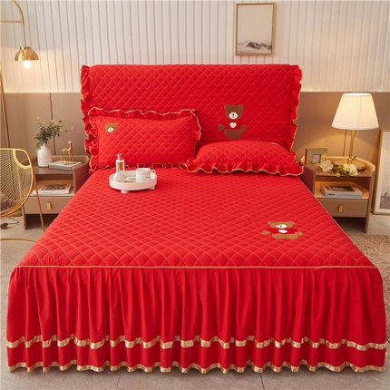 屹成家纺 2024年水洗棉毛巾绣款床裙三件套 大红