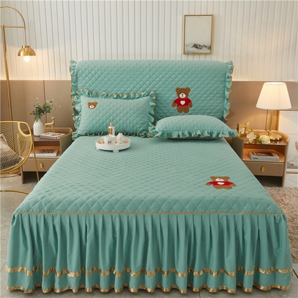 屹成家纺 2024年水洗棉毛巾绣款床裙三件套 橄榄绿