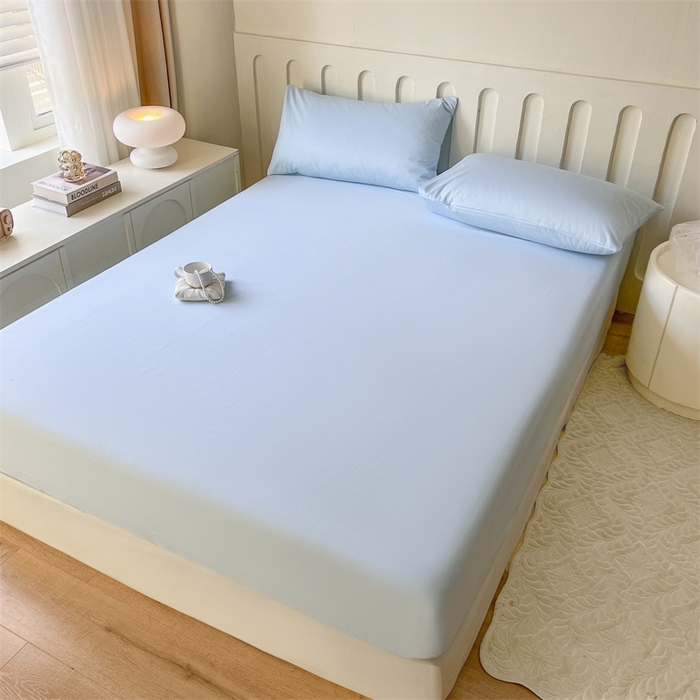 91家纺网 家纺一手货源 找家纺 857家居 2023新款全棉纯色床笠床单 湖水蓝