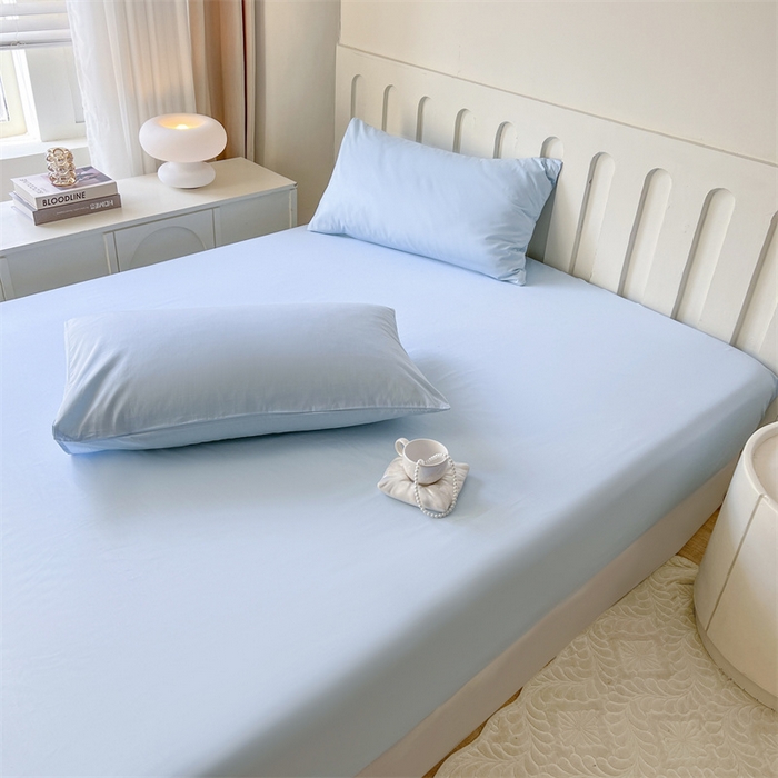 91家纺网 家纺一手货源 找家纺 857家居 2023新款全棉纯色床笠床单 湖水蓝