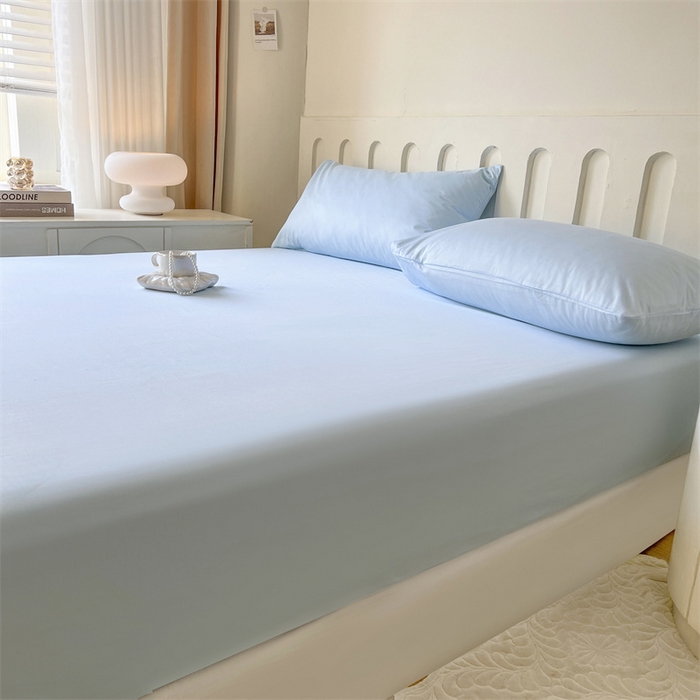 91家纺网 家纺一手货源 找家纺 857家居 2023新款全棉纯色床笠床单 湖水蓝