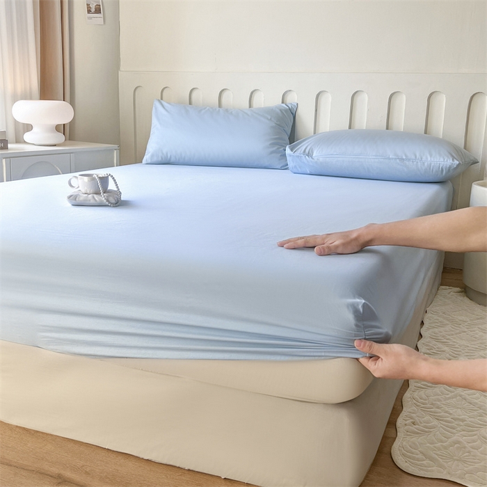 91家纺网 家纺一手货源 找家纺 857家居 2023新款全棉纯色床笠床单 湖水蓝