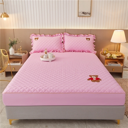 屹成家纺 2024年水洗棉毛巾绣款床笠三件套 粉红