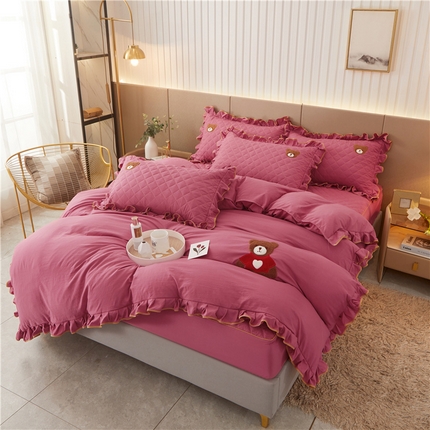 屹成家纺 2024年水洗棉毛巾绣款床笠四件套 豆沙