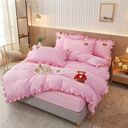 屹成家纺 2024年水洗棉毛巾绣款床笠四件套 粉红