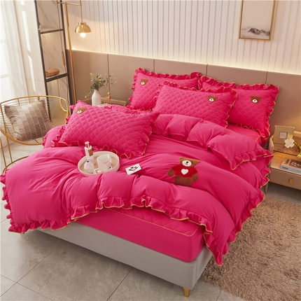 屹成家纺 2024年水洗棉毛巾绣款床笠四件套 卡其