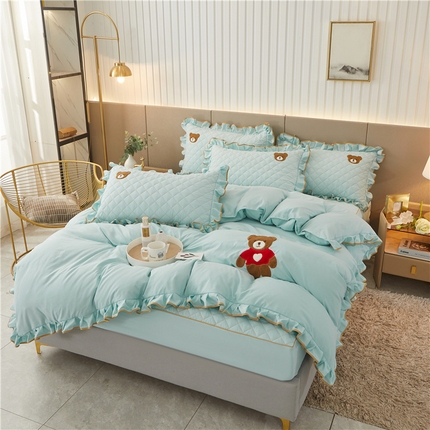 屹成家纺 2024年水洗棉毛巾绣款床笠四件套 水绿