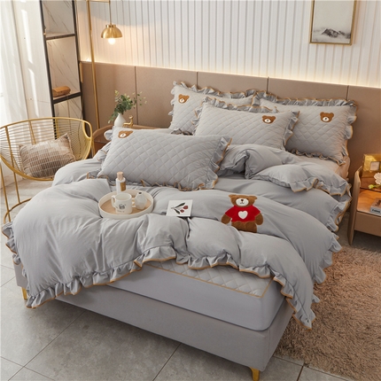 屹成家纺 2024年水洗棉毛巾绣款床笠四件套 银灰